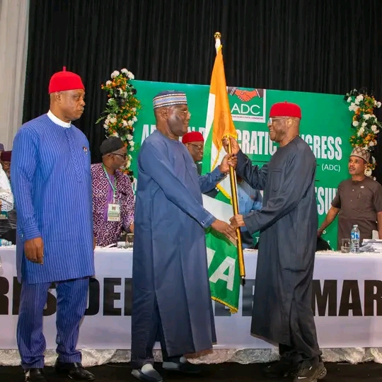 Presidency 2027: Mark Presents ADC's Flag To Atiku As Party's Candidate