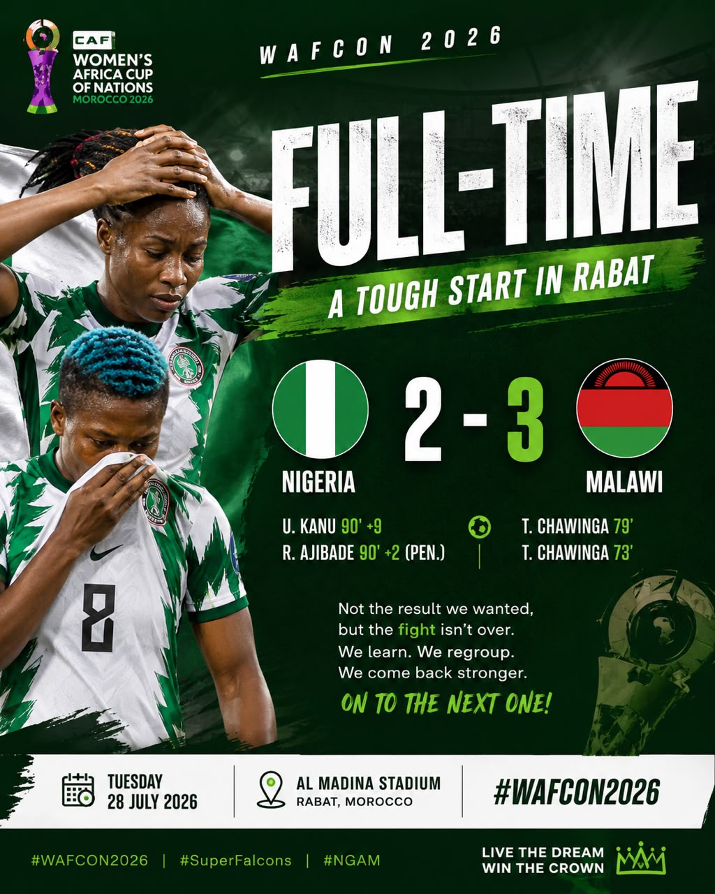 Scorchers of Malawi Humiliate Nigeria Super Falcons 3-2 At 2026 Women AFCON In Morocco
