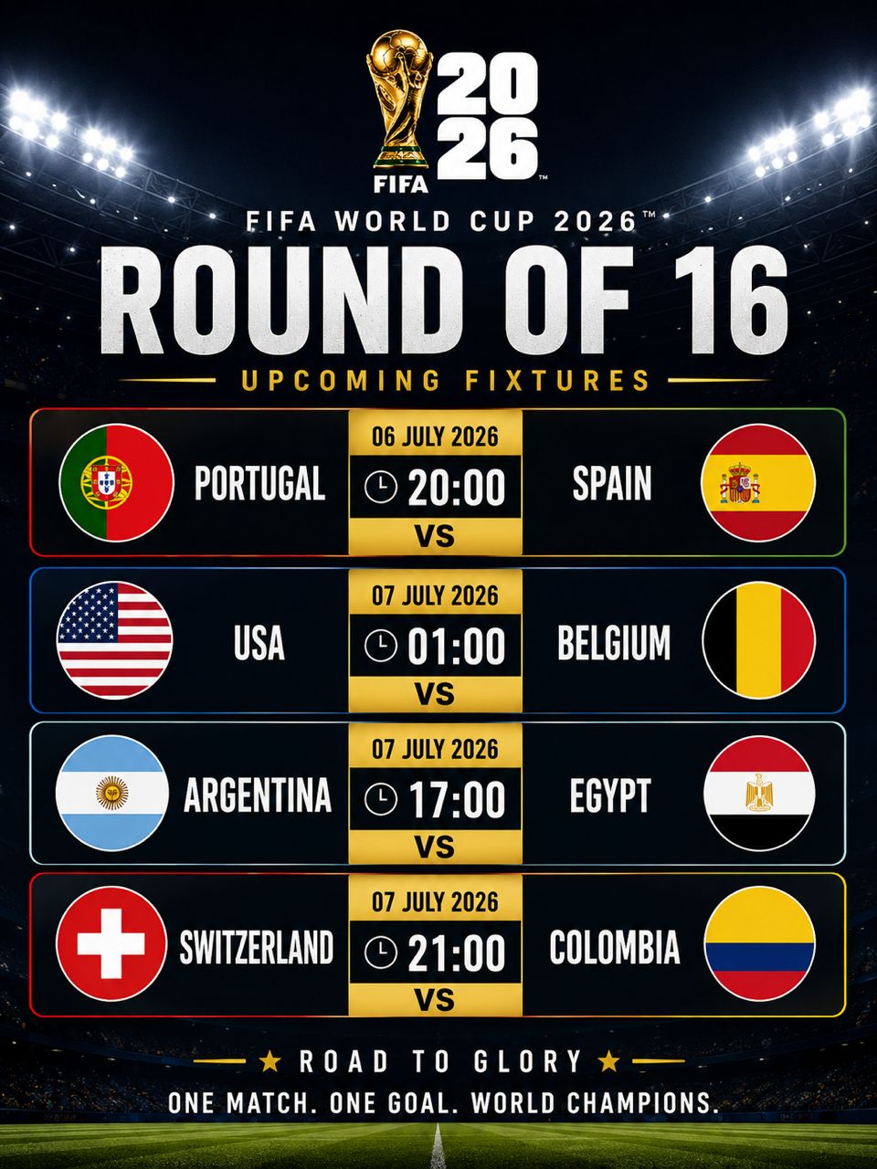 Portugal Face Spain, Argentina vs Egypt in Round of 16
