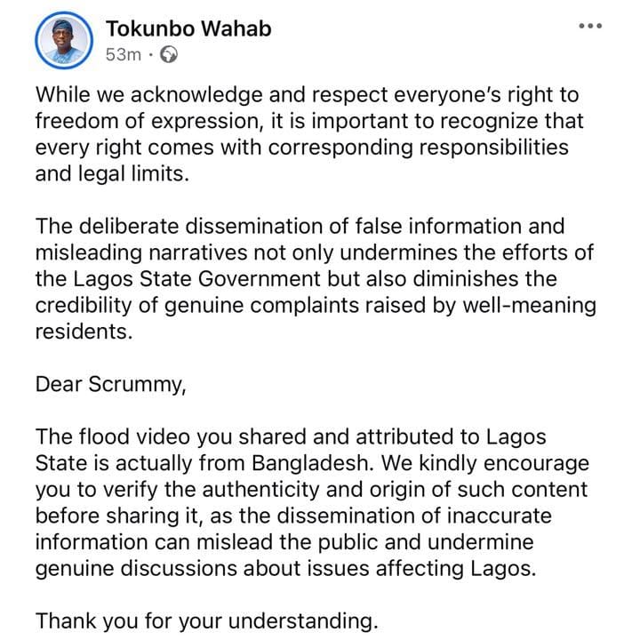 Lagos Environment Commissioner Repudiates Flood Video, Attributes It to Bangladesh
